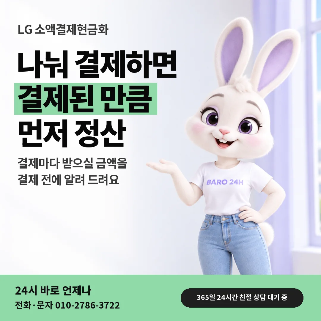 휴대폰을 보며 웃는 BARO 24H 티셔츠를 입은 3D 토끼 캐릭터 옆에 「LG 나눠 결제와 정산」 제목을 얹은 안내 카드